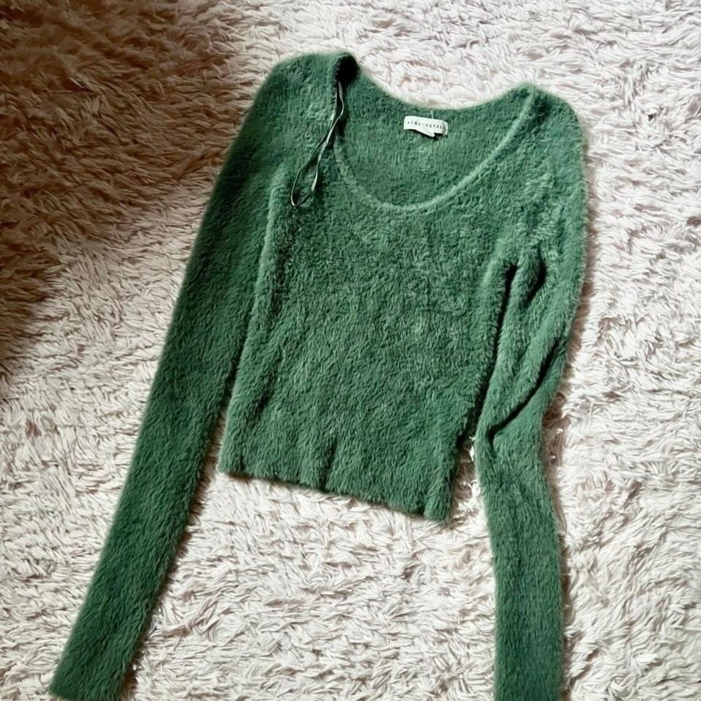 Ultra Soft Fuzzy Eyelash Knit Cropped Sweater Womens S Cottage Core Earthy Green